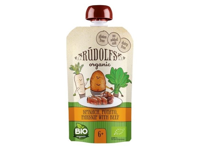 Bio kapsička Špenát, Brambory, Pastynák s hovězím masem 110g Rudolfs