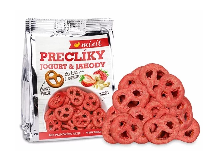 Preclíky  do kapsy v bílé čoko s jogurt-jahoda příchutí 70g Mixit