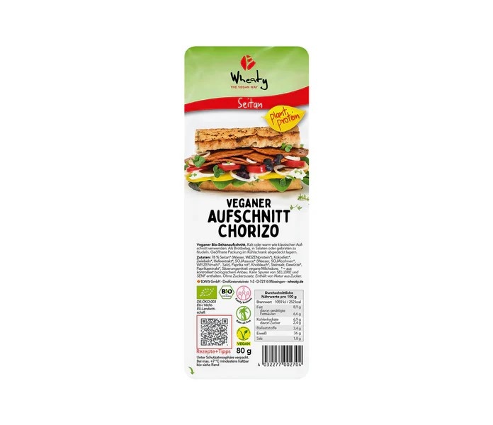  WHEATY Plátky seitan s příchutí chorizo 80 g BIO - chlazený produkt - POUZE pro osobní odběr nebo rozvoz po Hradci Králové
