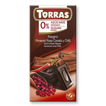 Hořká čokoláda s růžovým pepřem, skořicí a chilli Torras 75 g