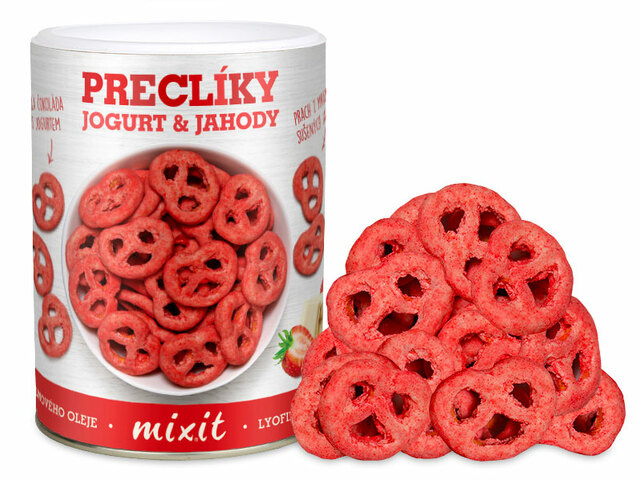 Preclíky s jogurtovou čokoládou a jahodami 250 g Mixit 