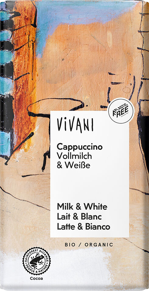 BIO mléčná a bílá cappuccino čokoláda s kávou VIVANI 100 g