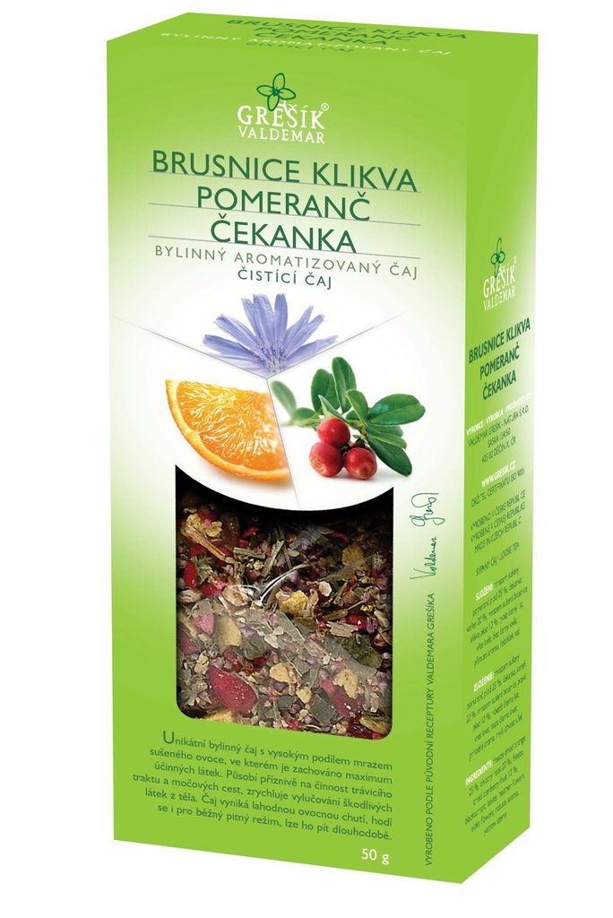 Čistící čaj bylinný aromatizovaný Brusnice Klikva Pomeranč Čekanka 50g Grešík 
