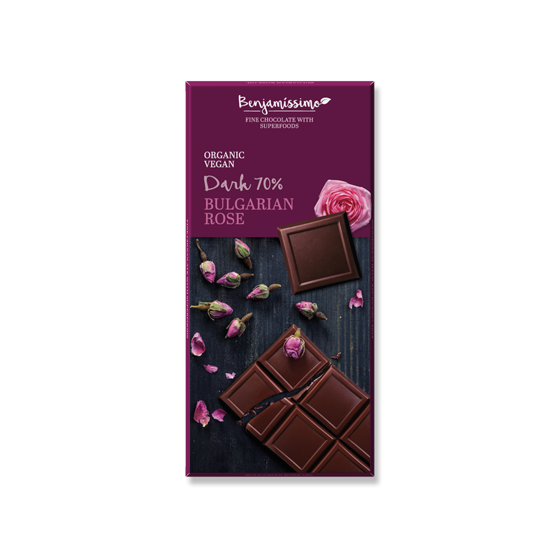 Bio Čokoláda s růží Dark 70%, 70g, Benjamissimo