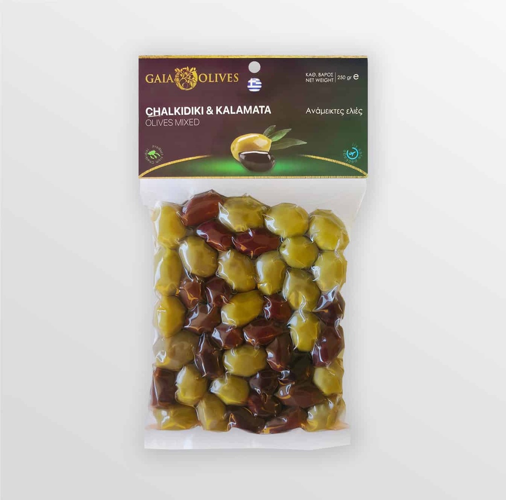 Mix Obřích Oliv Kalamata a Chalkidiki s peckou 250g Gaia Olives