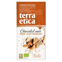Bio hořká čokoláda se sezamem a karamelizovanými kešu 100g terra etica